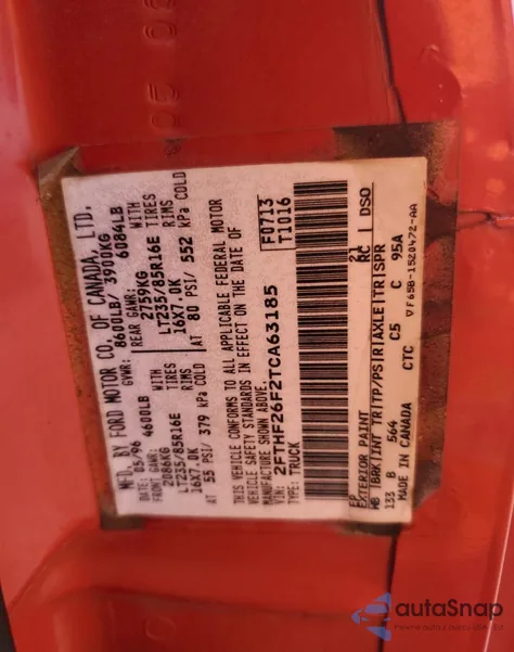 1996 Ford F250 from USA, damaged, VIN 2FTHF26F2TCA63185